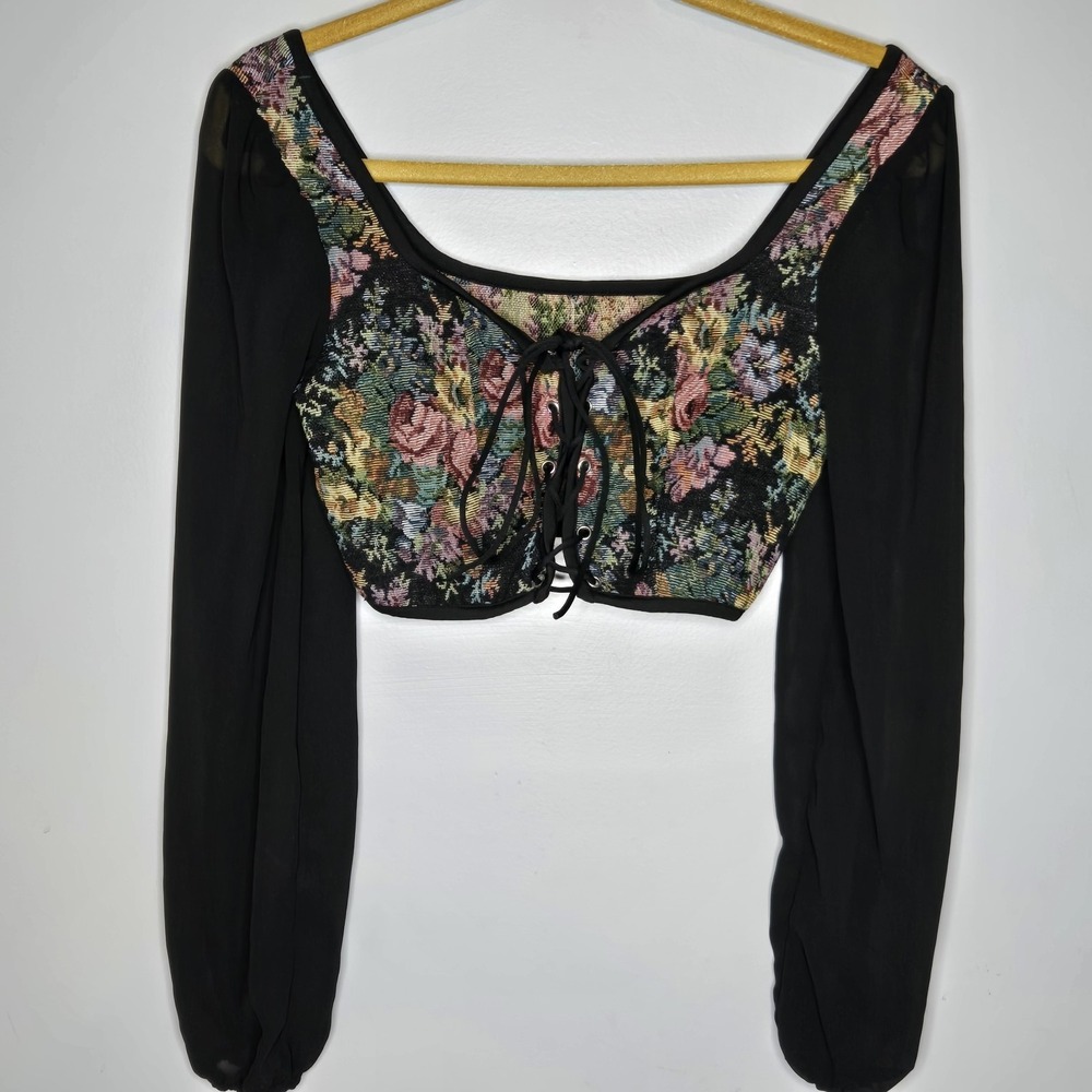 Floral Tapestry‎ Lace Up Corset Crop Top Sheer Long Sleeve S Goth Fairy Grunge